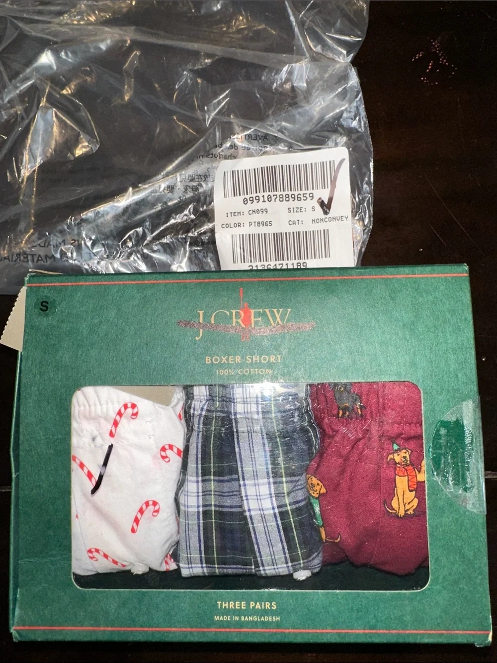 J. Crew Men's Woven Boxer Shorts 3-Pack — candy canes and Santa dogs